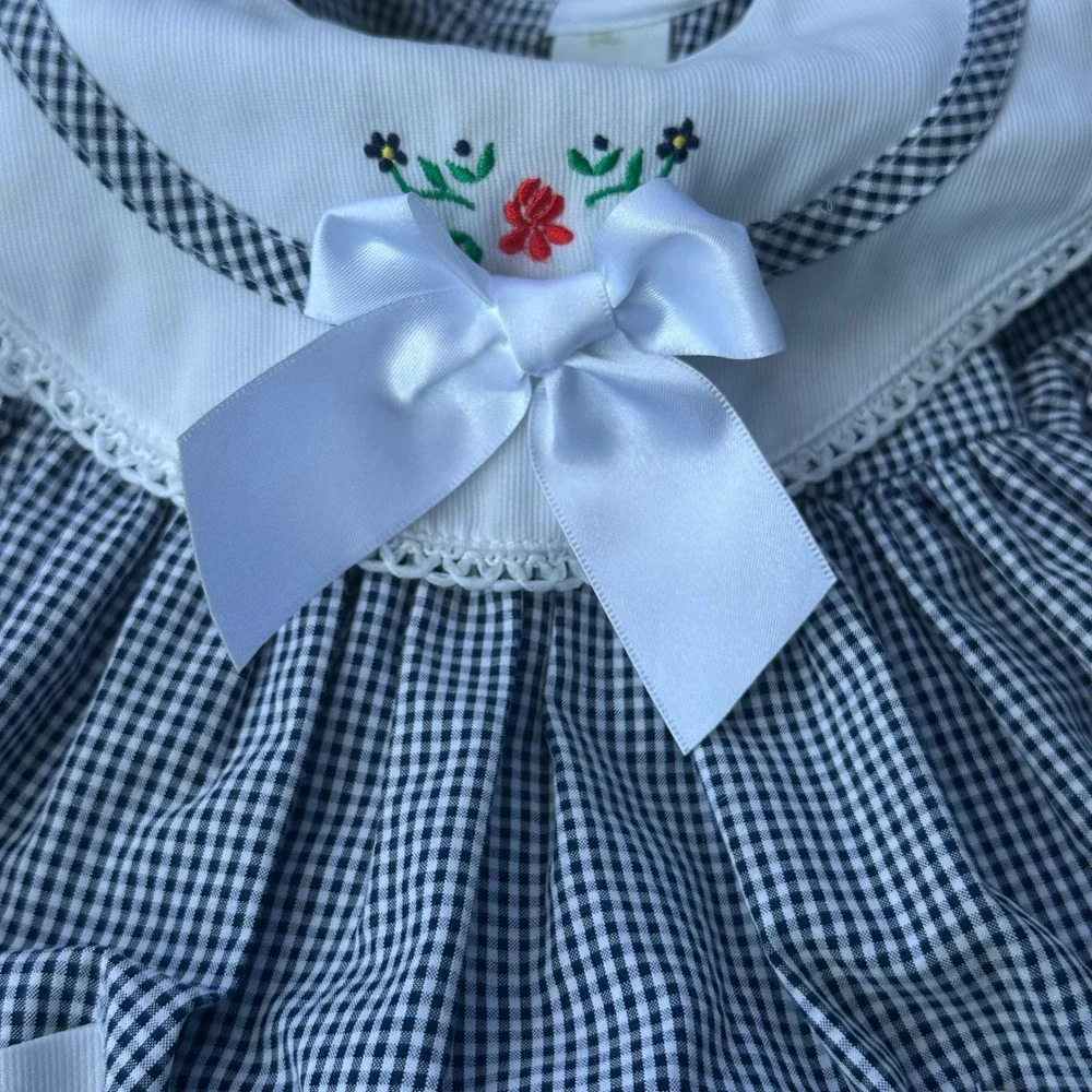 Vintage Gingham Baby Girl Dress Navy Blue White Floral Embroidery 12 Months Cute